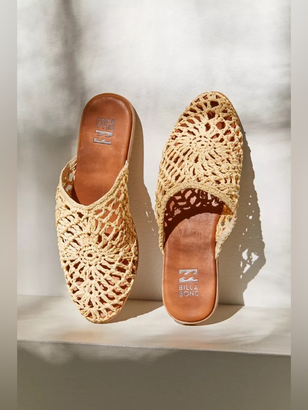 Billabong Woven Crochet Slide Sandals in Natural Tan